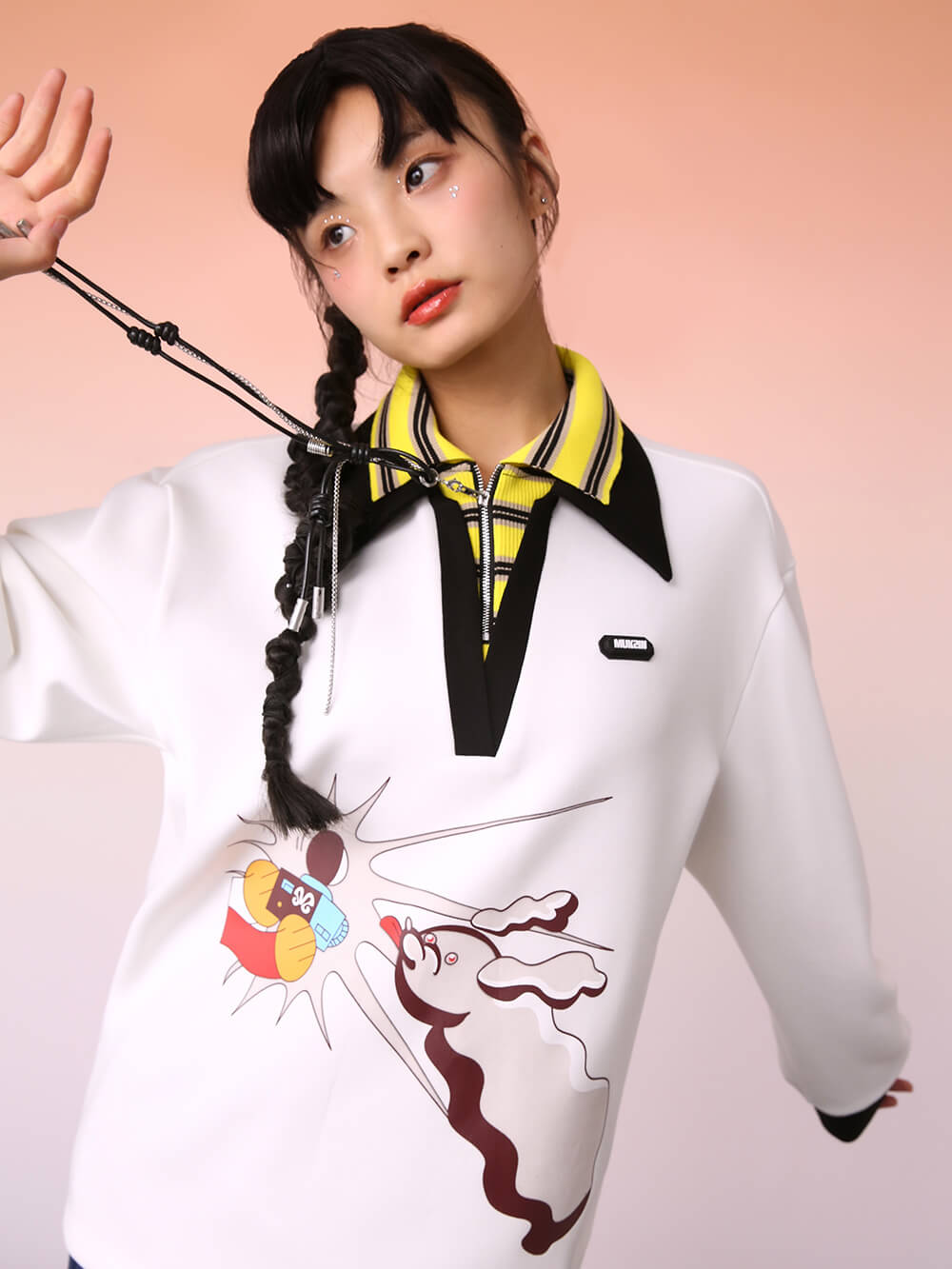 MUKIZN Mid-Length White Double-Neck Polo Sweatshirt