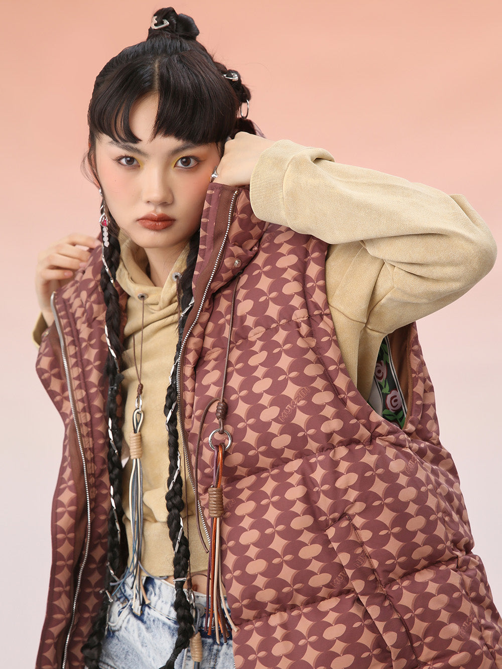 MUKZIN Khaki Cropped Geometric Down Vest