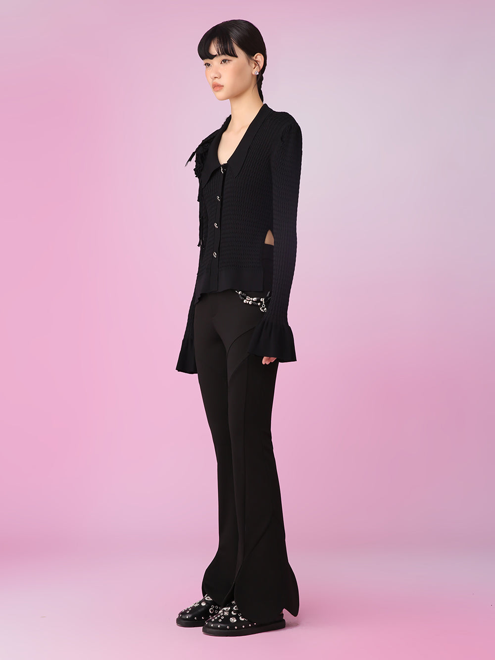 MUKZIN Black Look-thin V-neck Trumpet Sleeve Cardigan