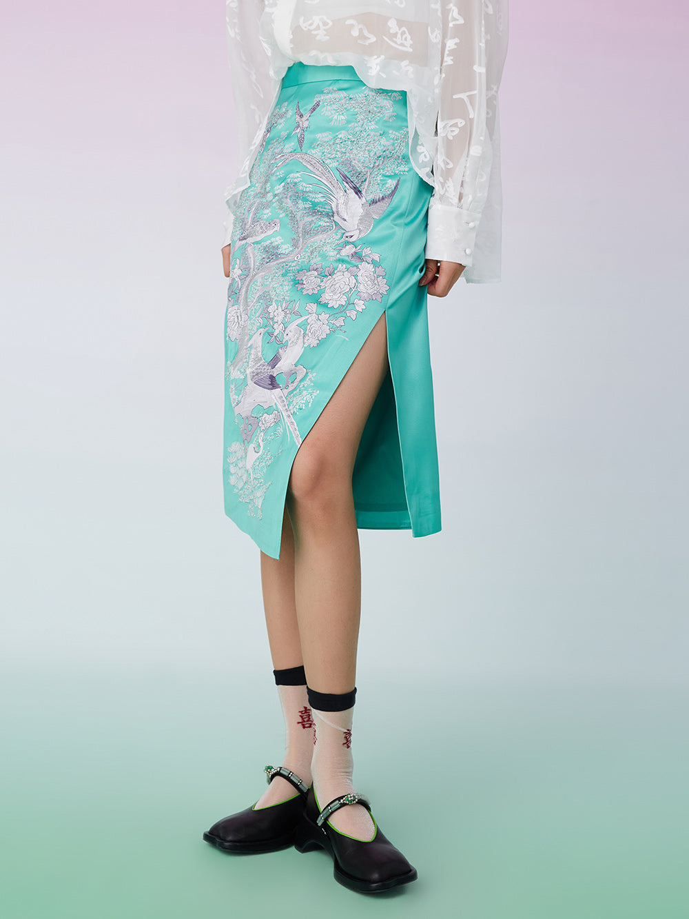 MUKZIN Floral Embroidery Split Green Skirt