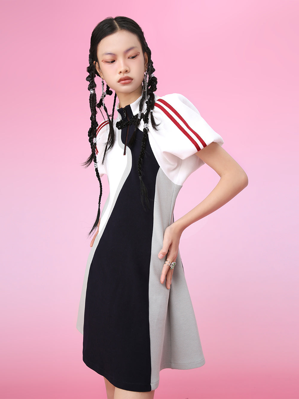 MUKZIN Sports Style Puff Sleeve Stitching Casual Dress