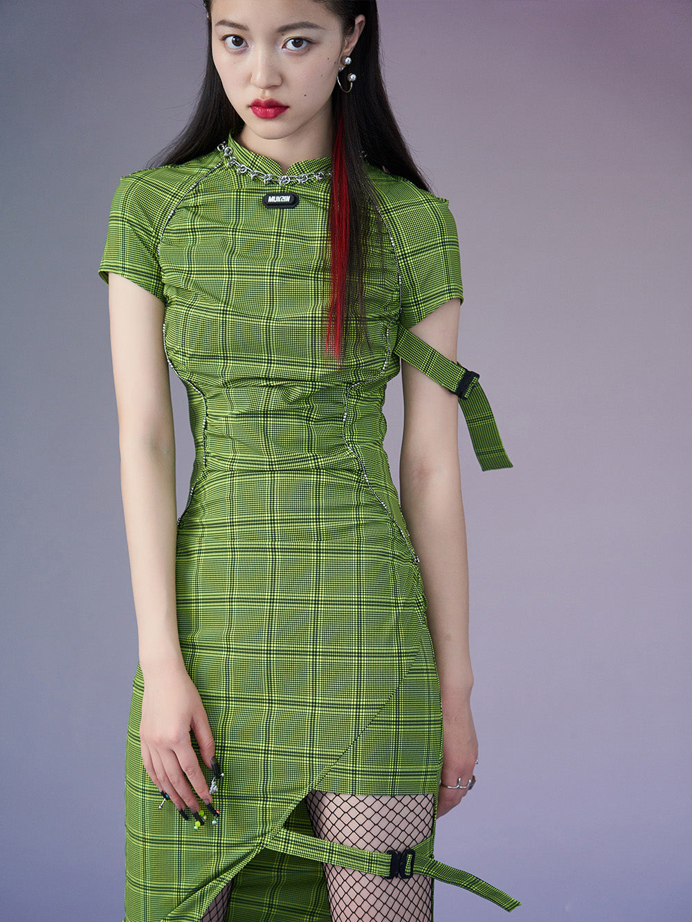 MUKZIN Green Plaid Short-sleeved Slim Cheongsam Qi Pao