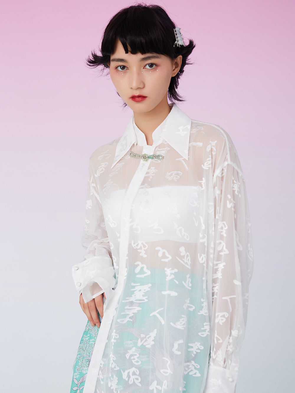 MUKZIN Sheer Lapel Oversize White Shirt