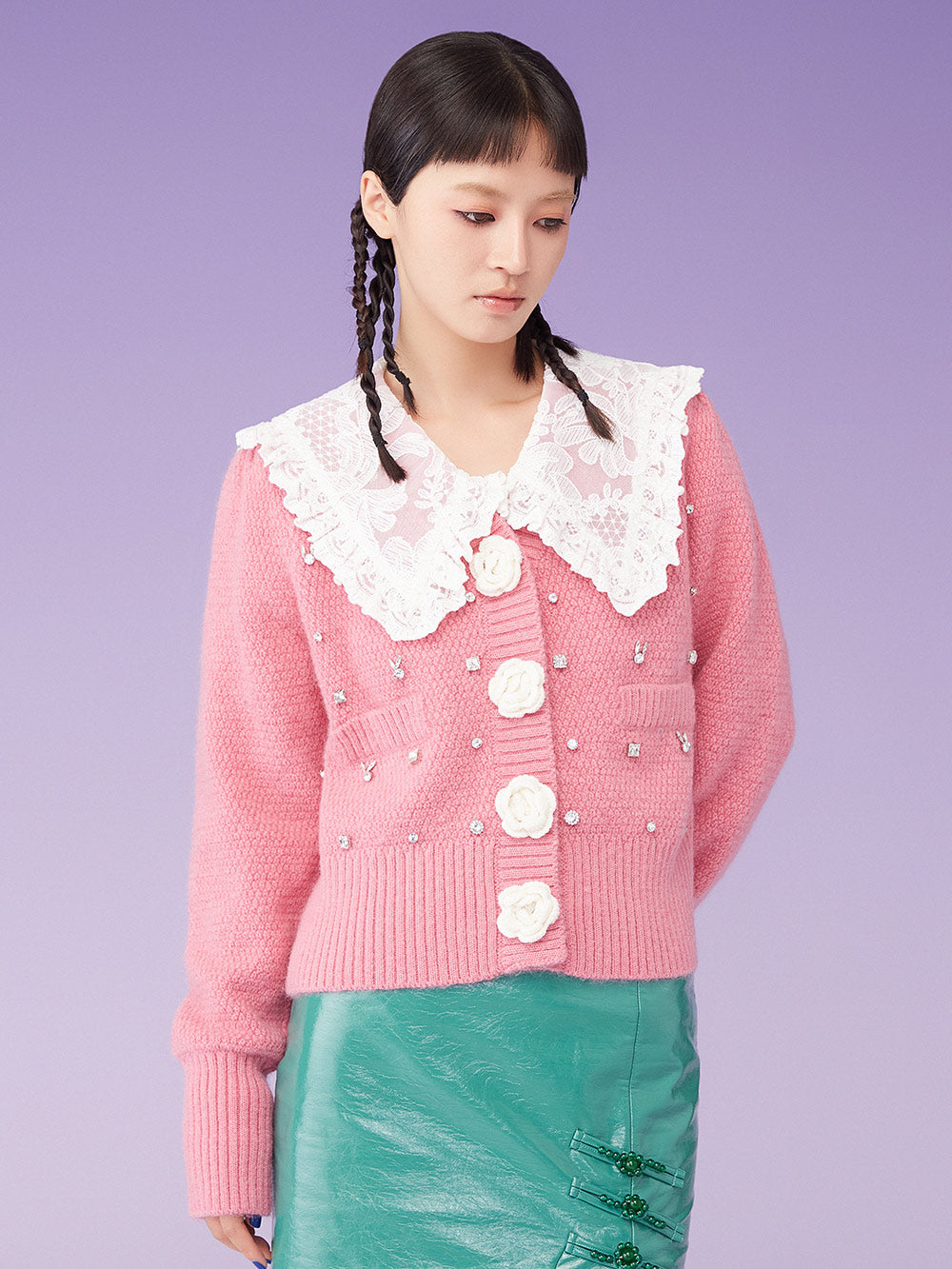 MUKZIN Knit V-Neck Rhinestone Studded Floral Button Pink Sweater