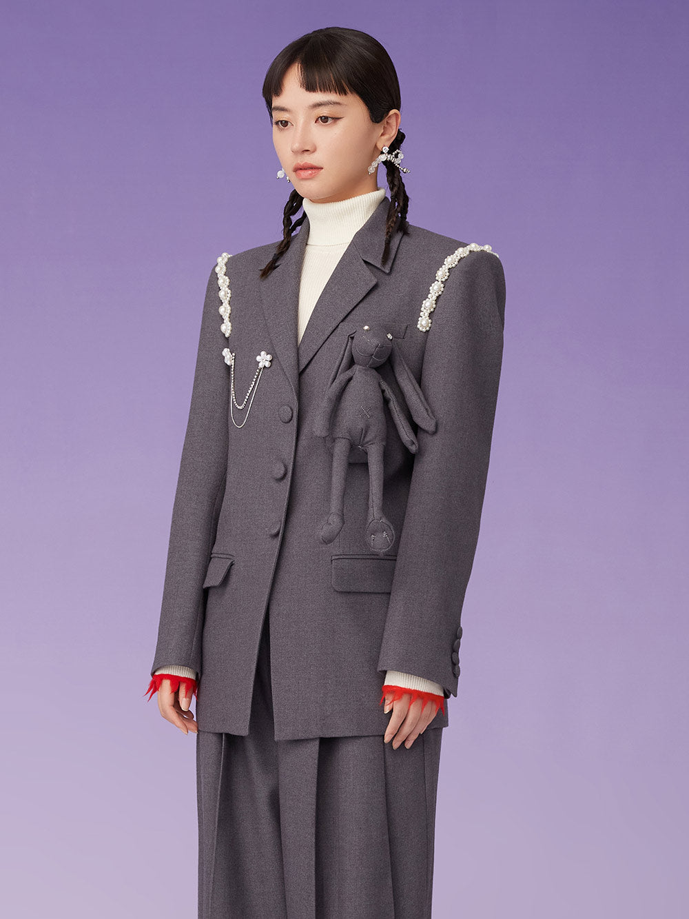 MUKZIN Grey Loose Coat With Bunny Decoration
