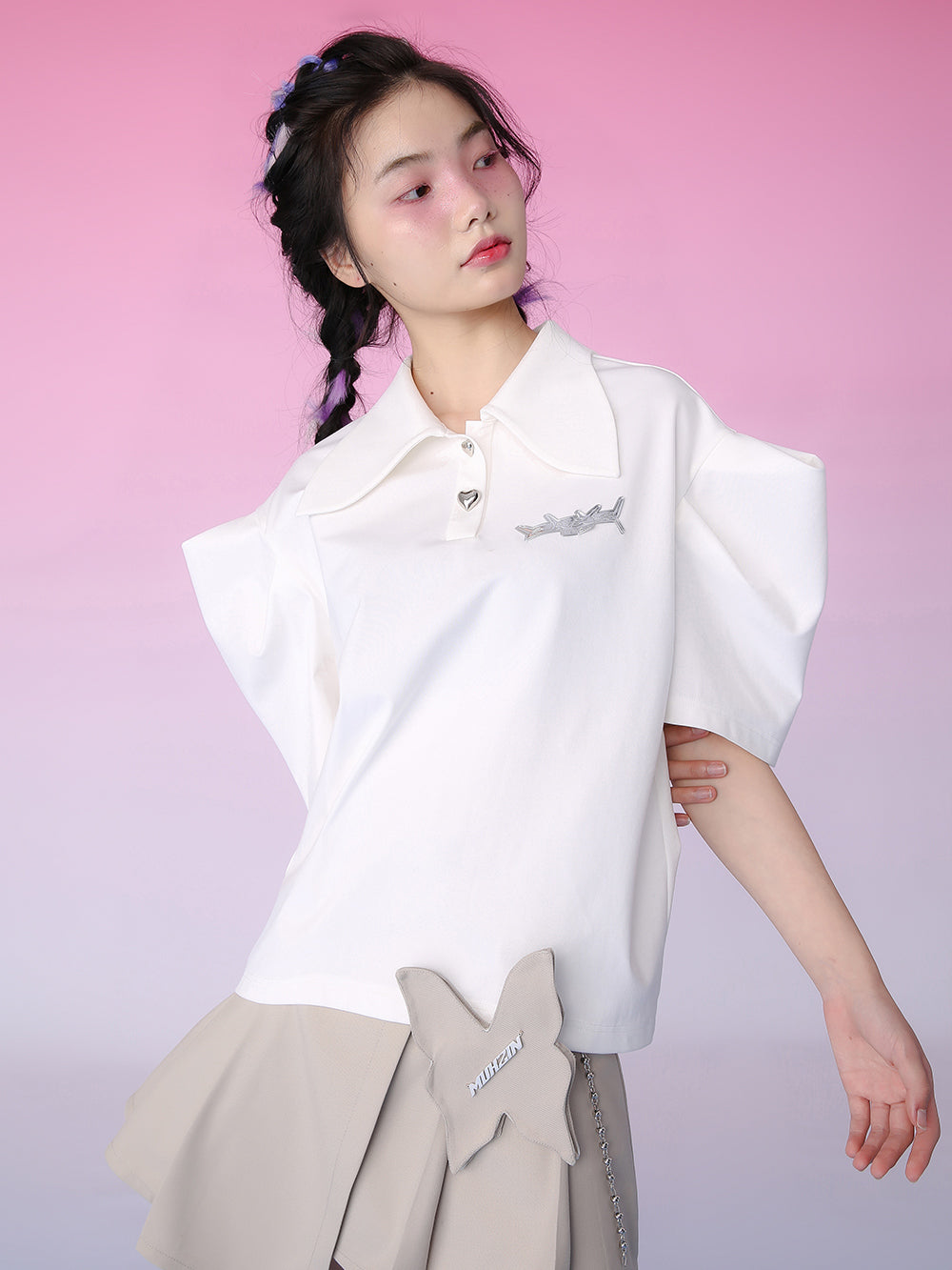 MUKZIN Cute Puff Sleeves White Polo T-shirt