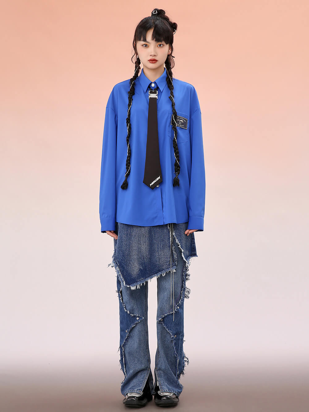 MUKZIN Blue Loose Shirts With Black Necktie