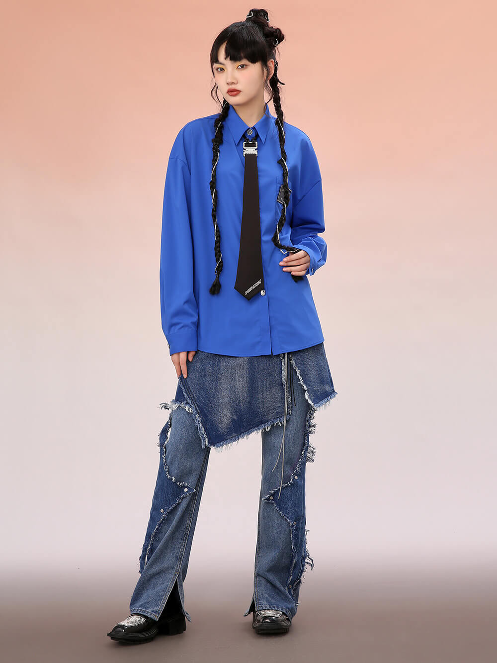 MUKZIN Blue Loose Shirts With Black Necktie