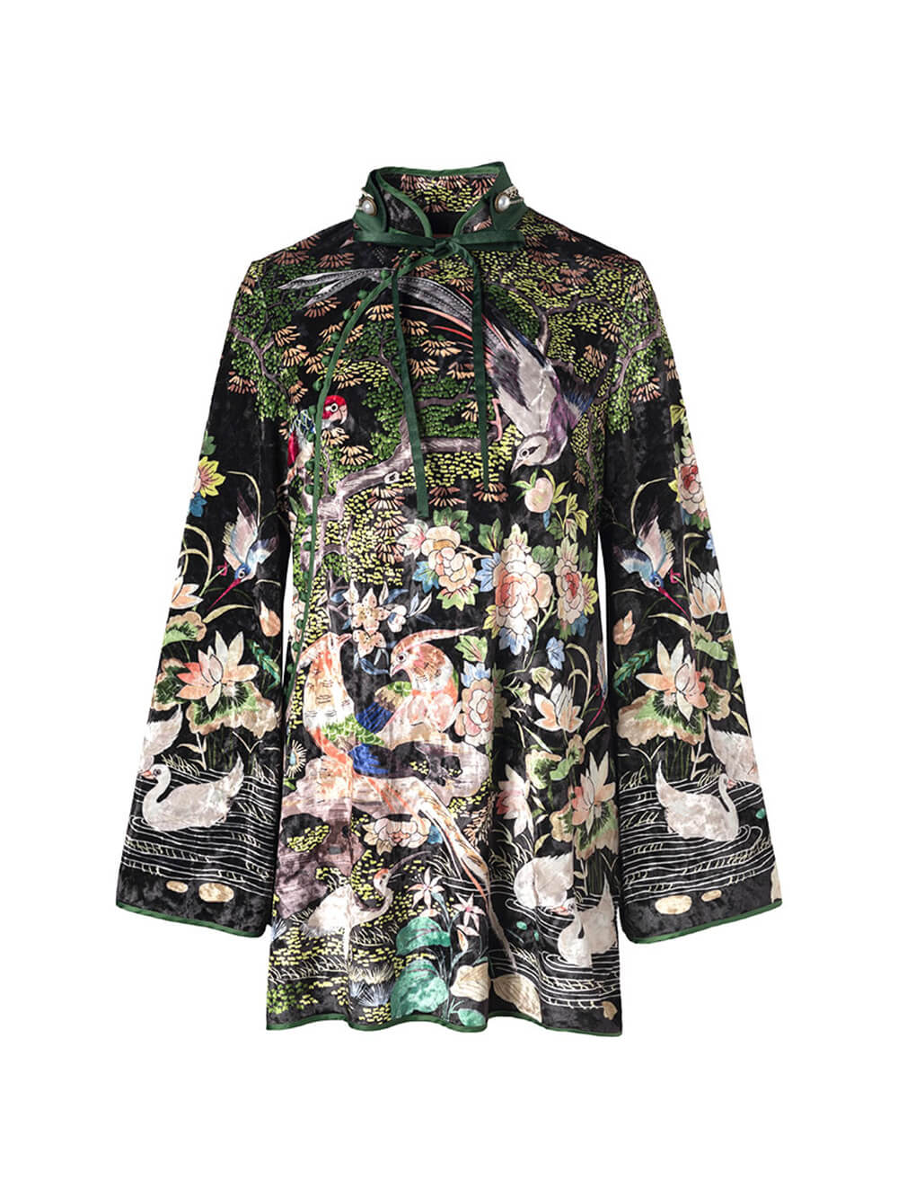 MUKZIN Dense Fan Retro Floral Trumpet Slit Cheongsam Qi Pao