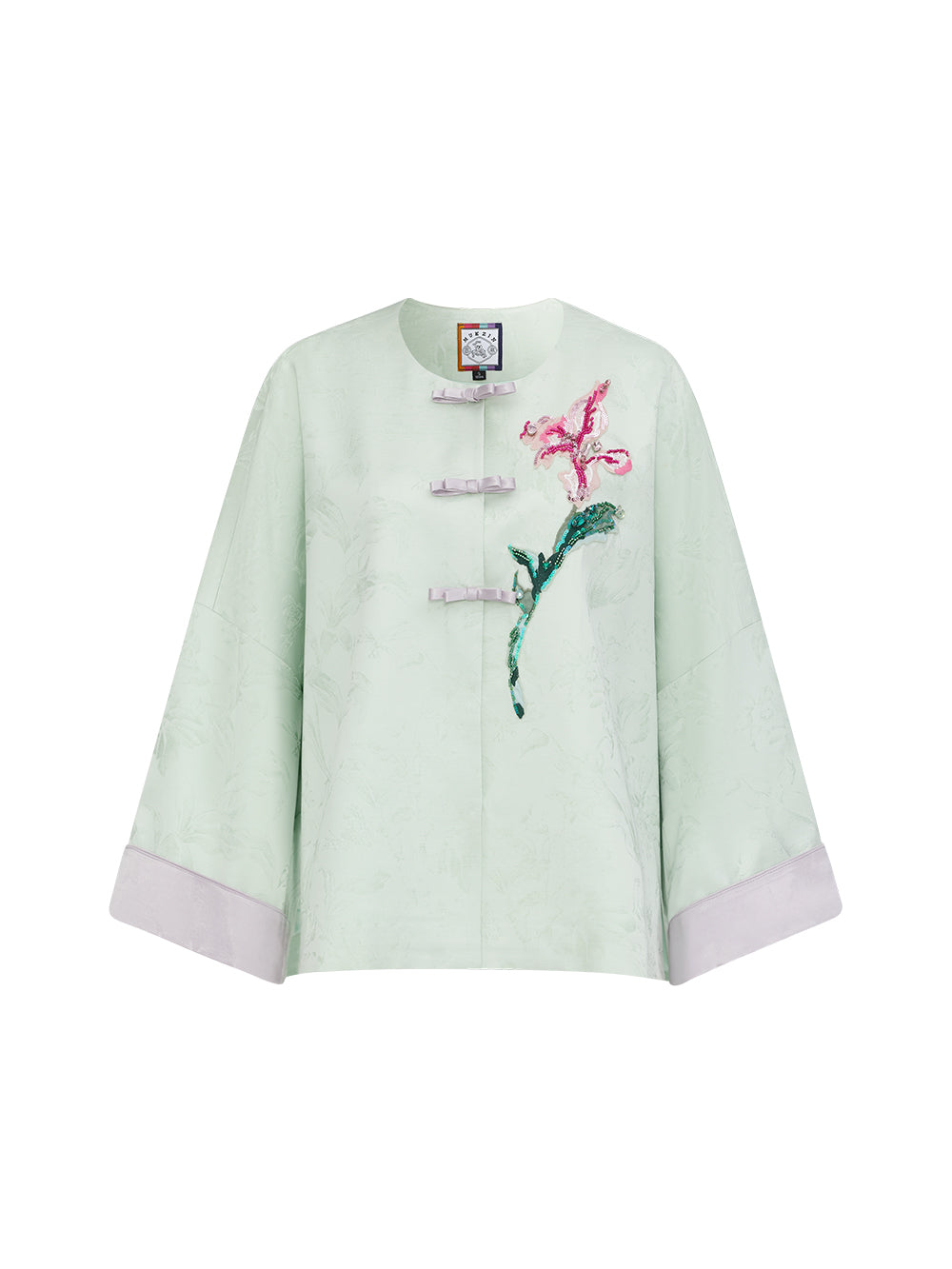 MUKZIN“Capsule Collection”Light Green Jacquard Frog Button Jacket with 3D Floral Sequin Embroidery, Loose Short Style