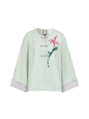 MUKZIN“Capsule Collection”Light Green Jacquard Frog Button Jacket with 3D Floral Sequin Embroidery, Loose Short Style