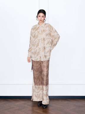 MUKZIN“Capsule Collection”Beige Floral Embroidered Oversized Button-Down Shirt | Oriental Sequin Embellished Long Sleeve Blouse