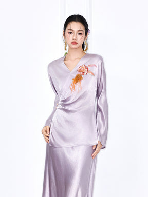 MUKZIN "Capsule Collection" New Chinese Style Embroidered V-Neck Acetate Blouse