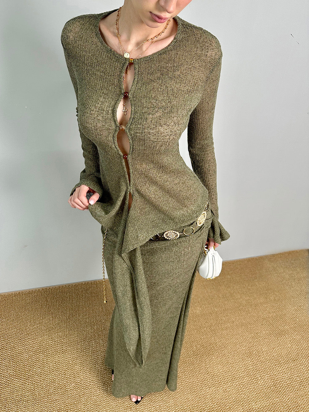 MUKTANK×Jqwention Moss Green Slim-Fit Maxi Dress Suit Top