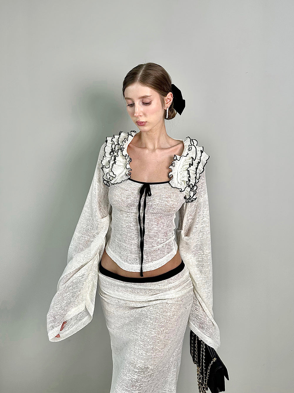 MUKTANK×Jqwention Black & White Contrast Lace Trim Moonlight Slim Patchwork Suit Top