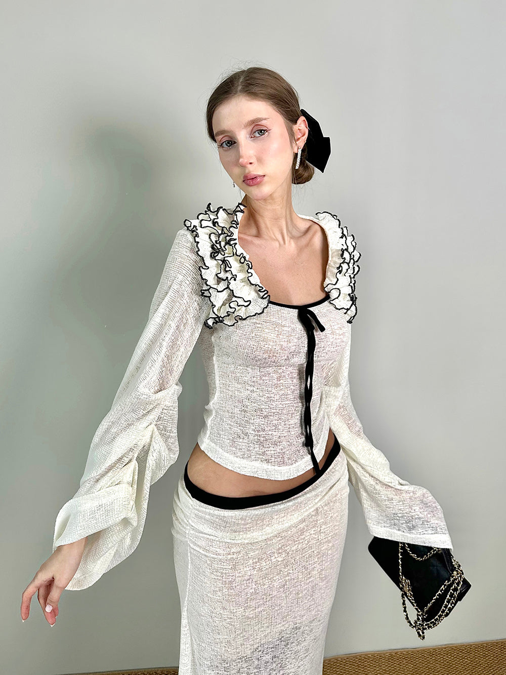 MUKTANK×Jqwention Black & White Contrast Lace Trim Moonlight Slim Patchwork Suit Top