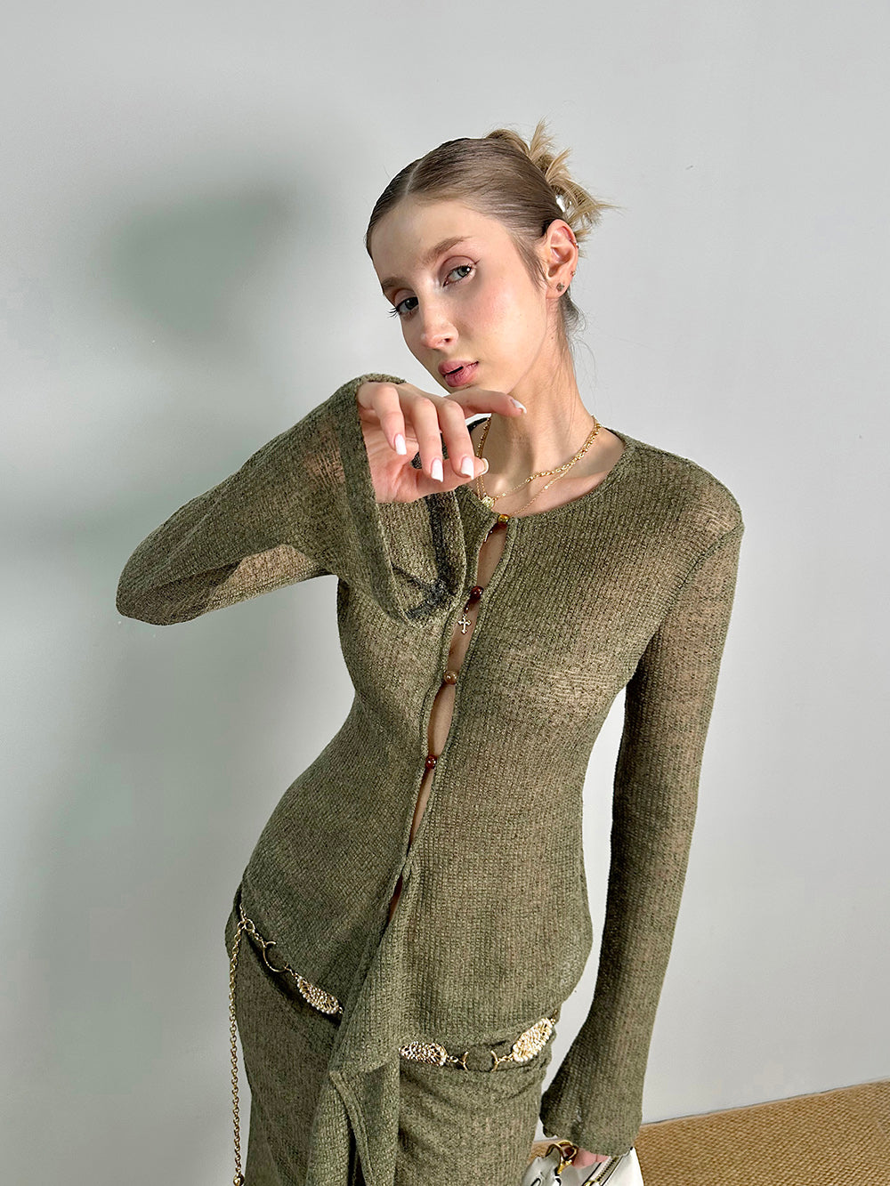 MUKTANK×Jqwention Moss Green Slim-Fit Maxi Dress Suit Top