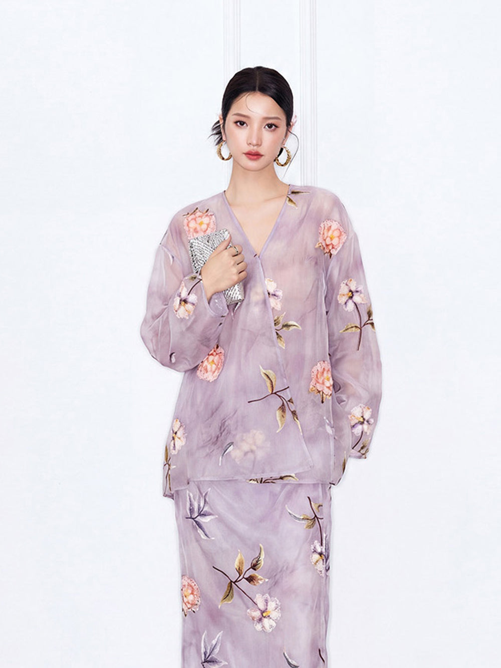 MUKZIN×"Capsule Collection" New Chinese Style Embroidered Loose Purple V-Neck Set Midi Skirt