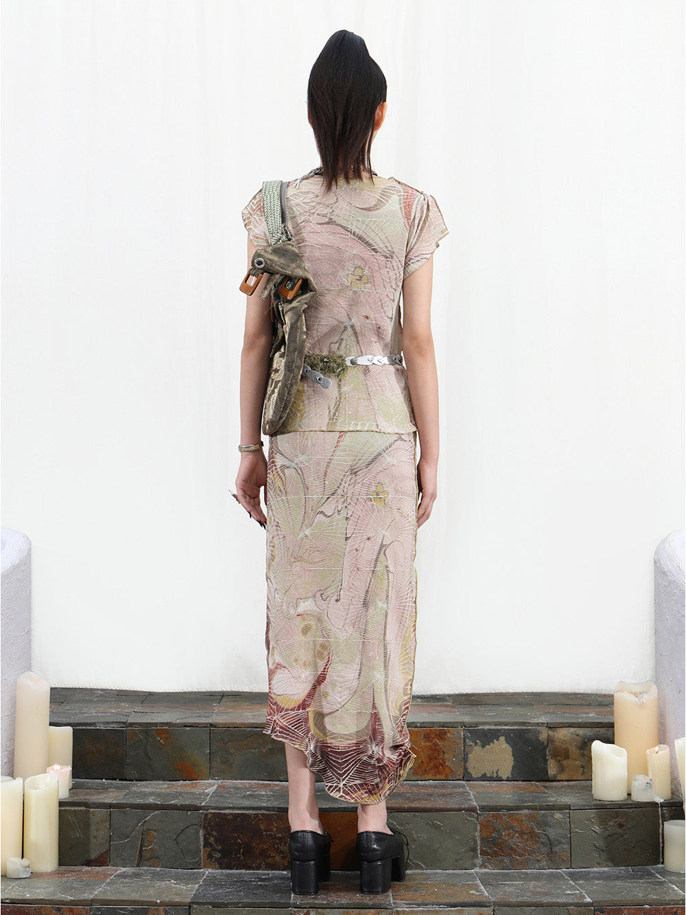 MUKTANK x COOLOTHES Cracked Creased Wet Print Floral Pleated Skirt