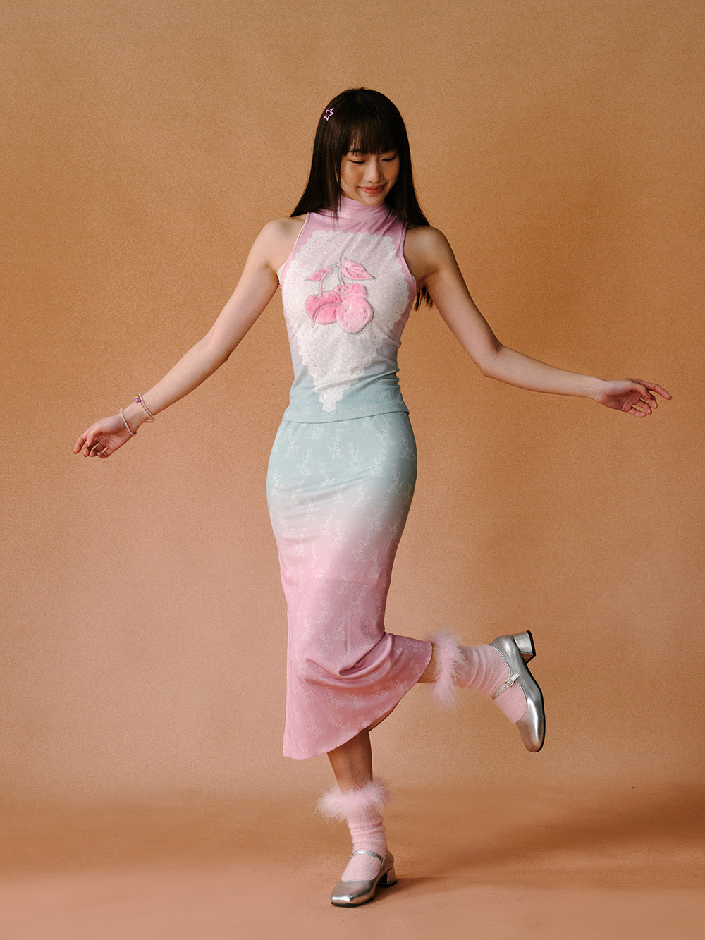 MUKTANK x LOUMUTAKU Cherry Embroidered Pink and Green Gradient Dress