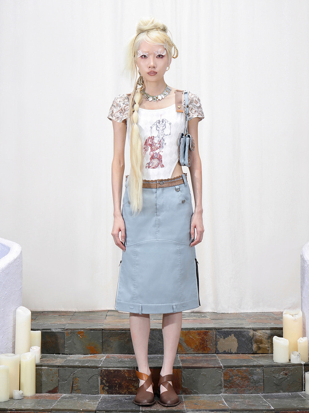 MUKTANK x COOLOTHES Light Blue Floral Organza Bag Component Folded Double-Waisted Wide A-line Skirt