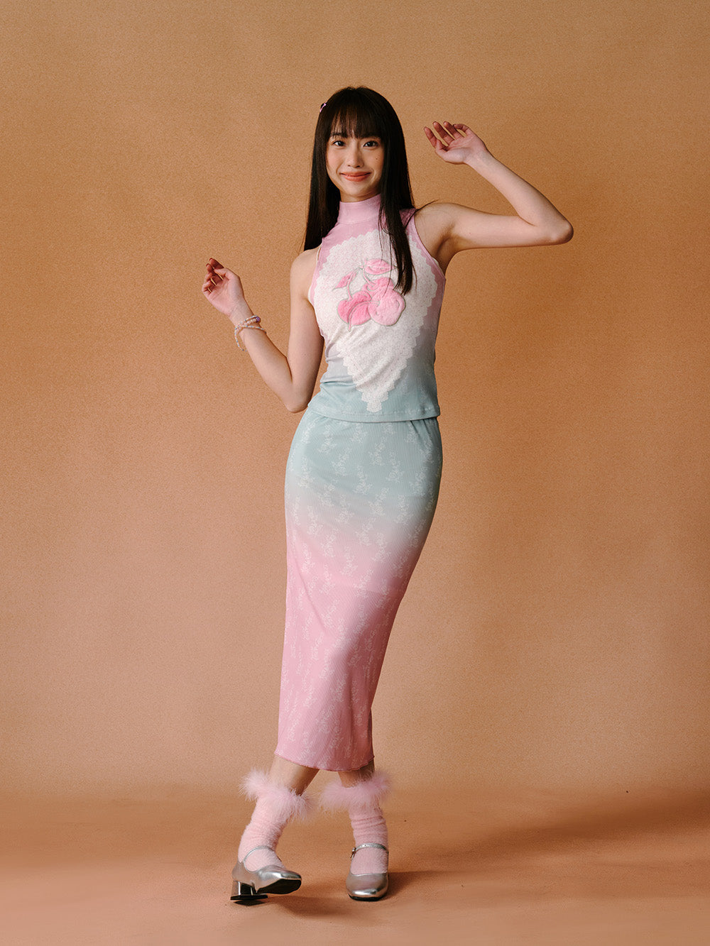 LOUMUTAKU x MUKTANK Cherry Embroidered Pink and Green Gradient Dress