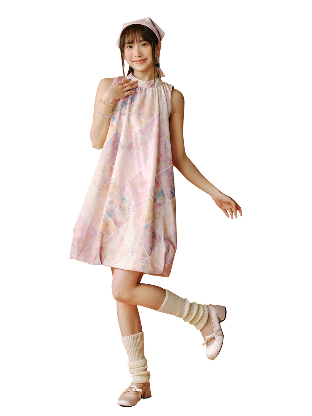 MUKTANK x LOUMUTAKU Youthful Plaid Pattern with Floral Ombre Halter-neck Dress