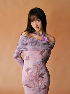 LOUMUTAKU x MUKTANK Vintage-Style Stretchy Mesh Fabric One-shoulder Dress