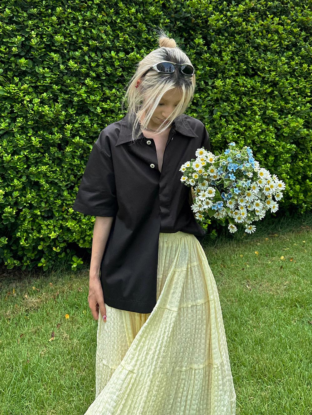 MUKTANK x TPG Yellow Crinkle Pleated Voluminous Vacation-Style A-Line Skirt