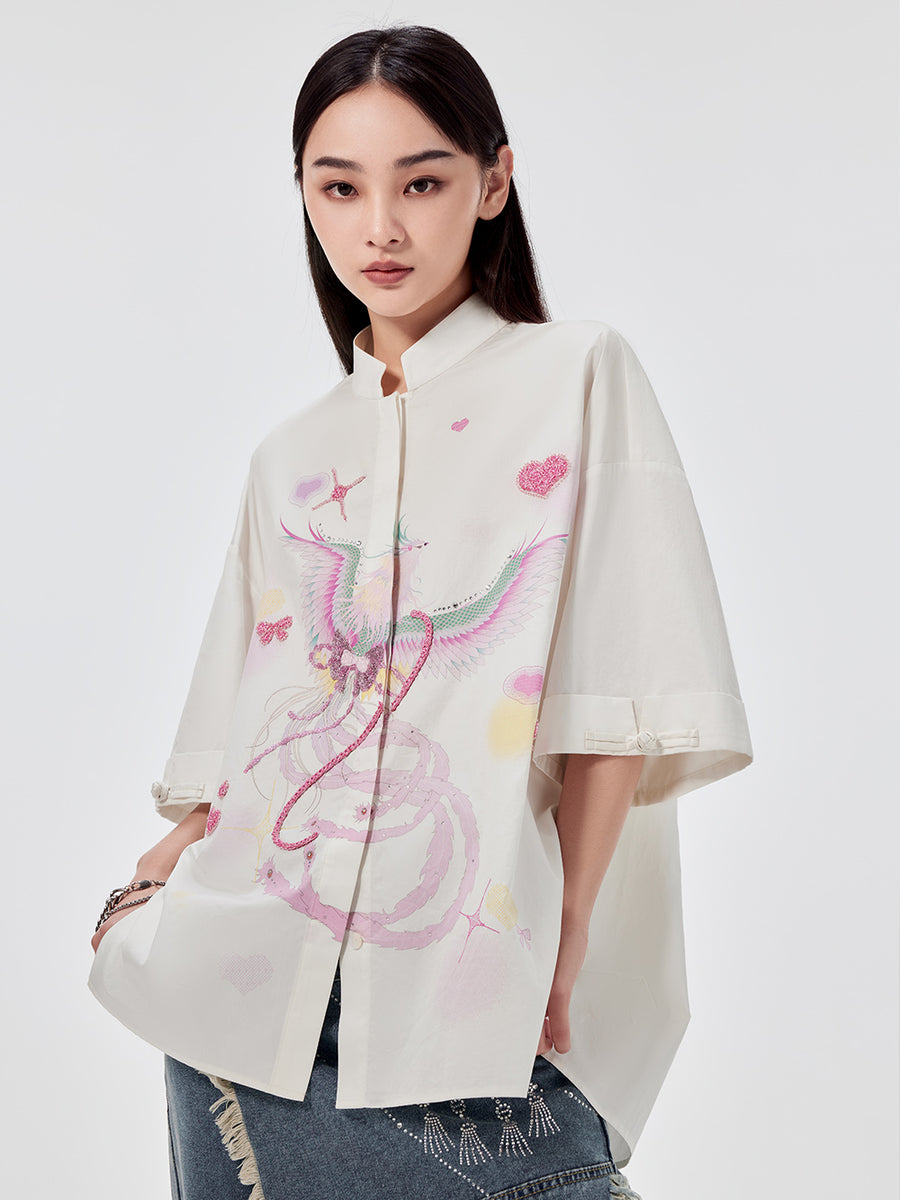 トップス MUKZIN MUKZIN Chinese Style White Panda Embroidered Short-sleeved Shirt