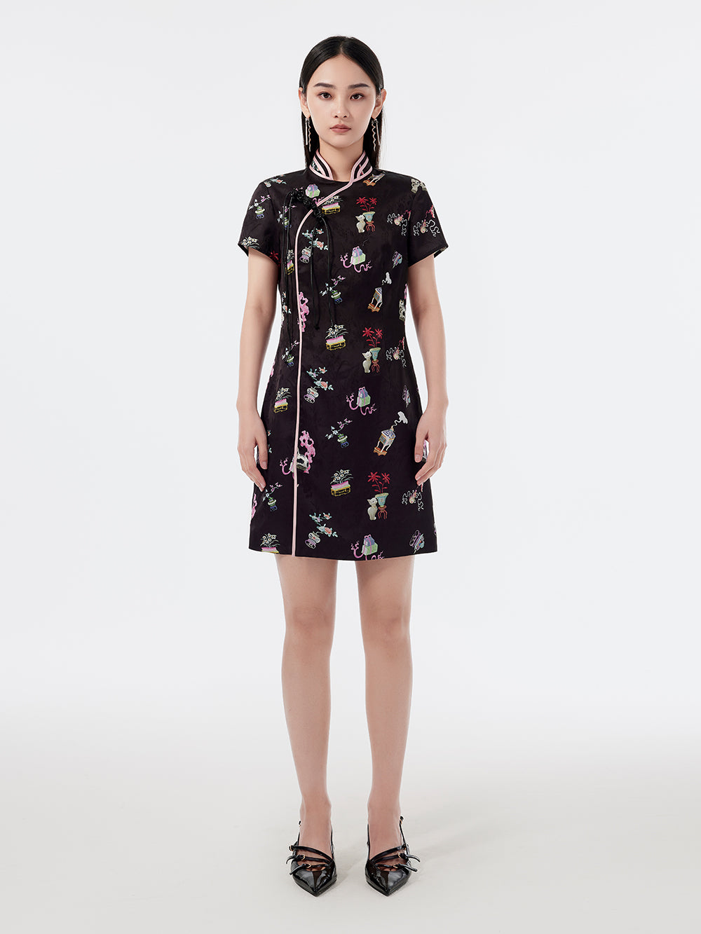 MUKZIN Creative Printed Slit Short-Sleeved Cheongsam