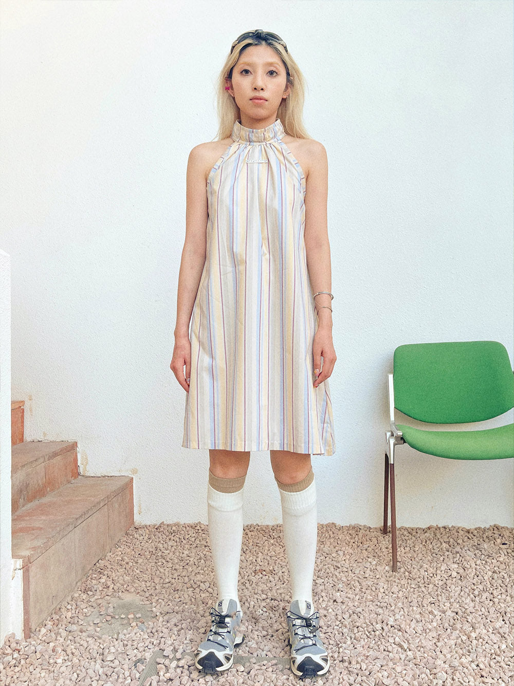 MUKTANK x TPG Yellow and White Striped Halter Neck Dress