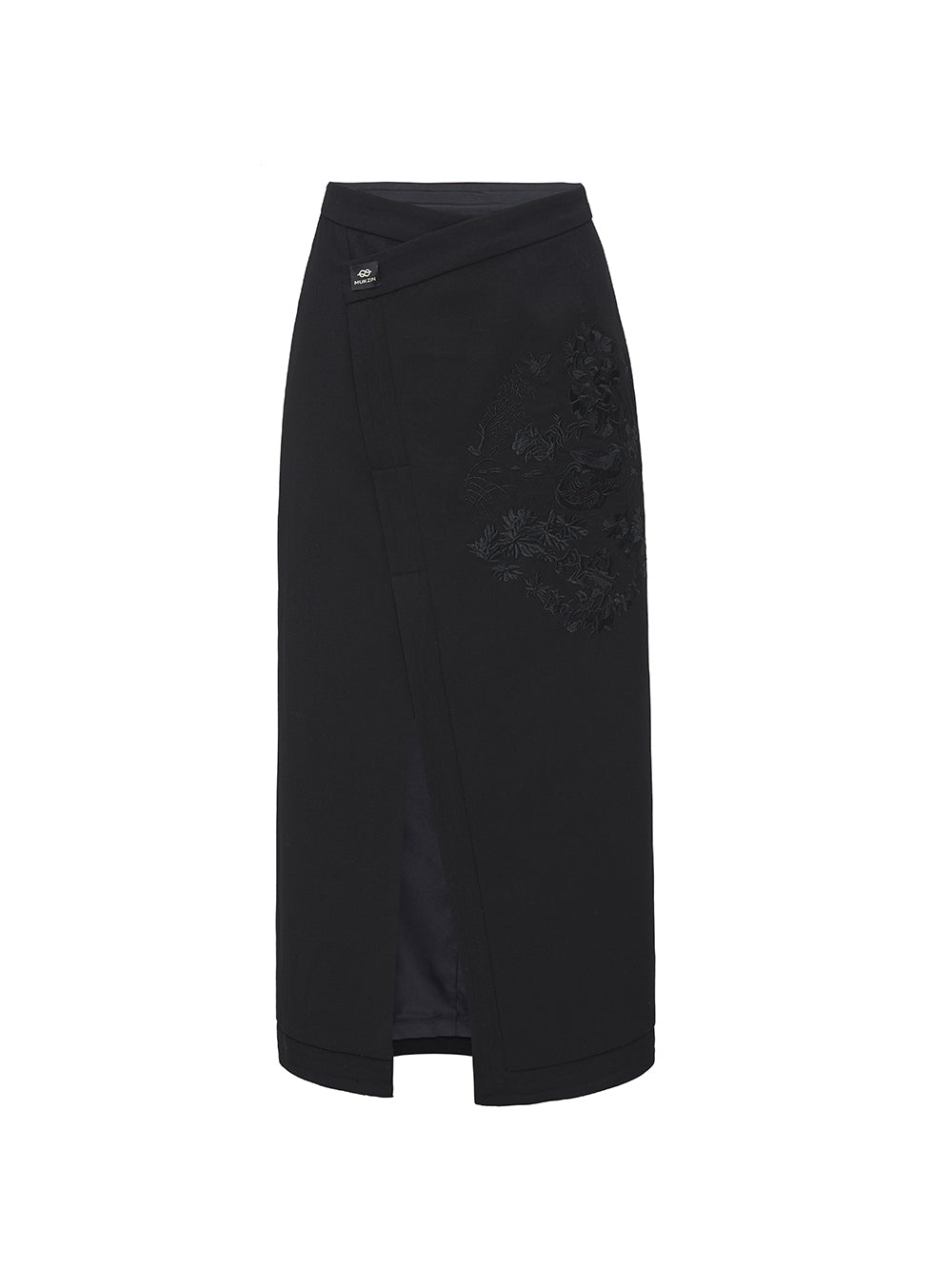 MUKZIN Black Asymmetric Slit Midi Skirt