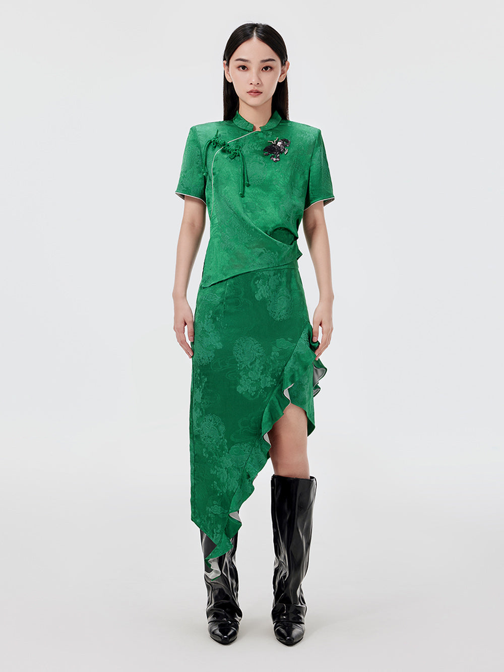 MUKZIN Green Irregular Lace Slim Midi Skirt