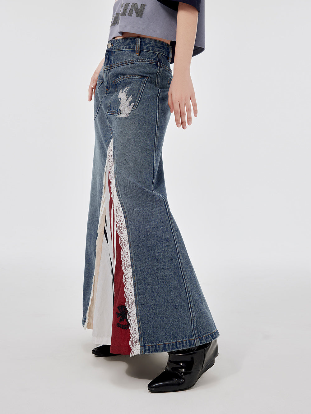 MUKZIN Lace Paneled Fashion Denim Skirt