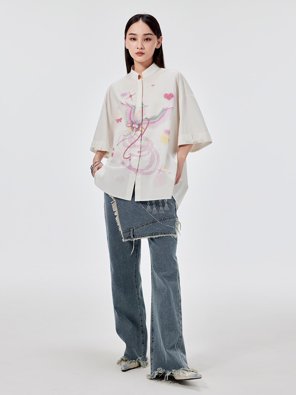 MUKZIN White Chinese Stand Collar Printed Sequin Fashion Shirt