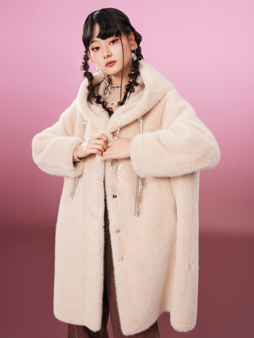 MUKZIN Cute Warm Long Beige Fur Coat