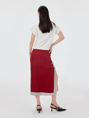 MUKZIN Red Embroidered Chinese Ethnic Style Midi Skirt