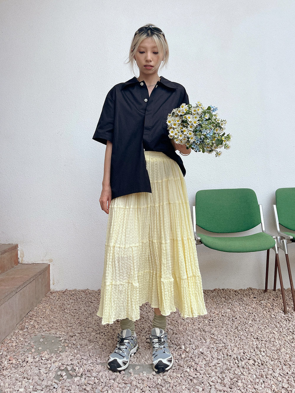 MUKTANK x TPG Yellow Crinkle Pleated Voluminous Vacation-Style A-Line Skirt