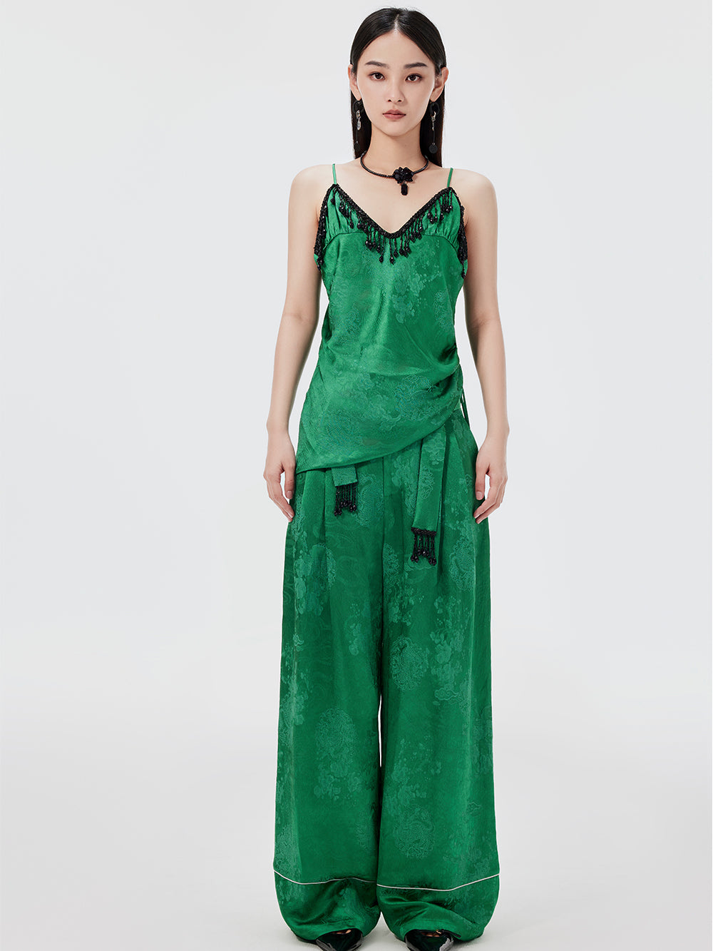 MUKZIN Sexy Suspender Jacquard Pants Suit Two-piece Set Green / M