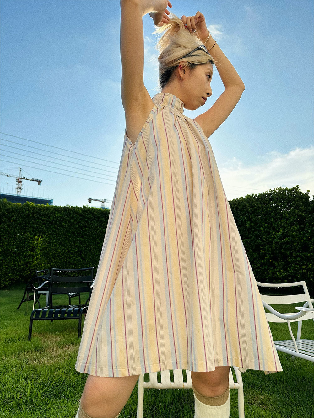 MUKTANK x TPG Yellow and White Striped Halter Neck Dress