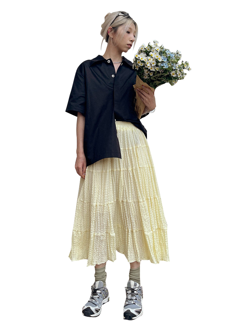 MUKZIN x TPG  Yellow Crinkle Pleated Voluminous Vacation-Style A-Line Skirt