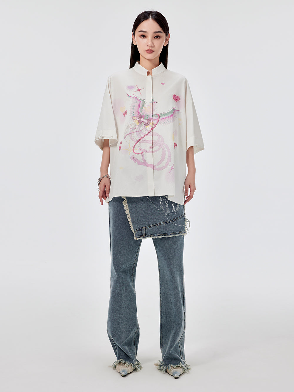 トップス MUKZIN MUKZIN Silver Rivets Loose-fitting White Shirt