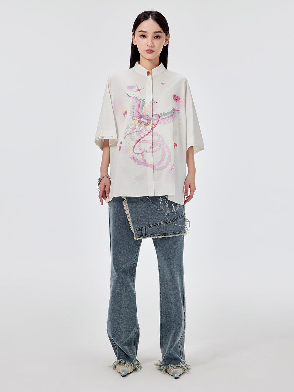 MUKZIN White Chinese Stand Collar Printed Sequin Fashion Shirt