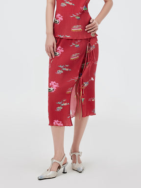 MUKZIN Printed Side Slit Lace-up Skirt