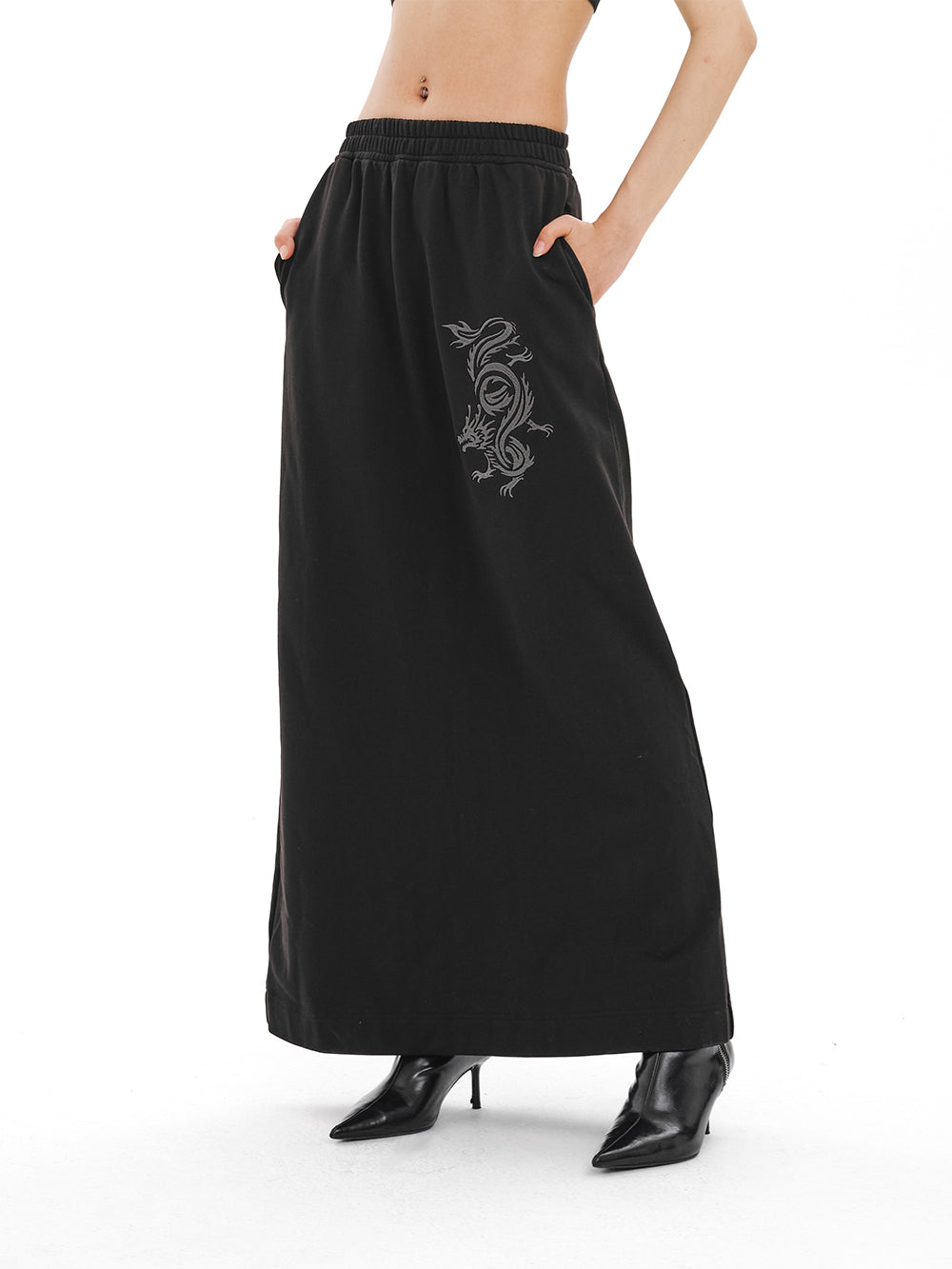 MUKTANK×LOUMUTAKU Retro Embroidered Dragon Pattern Maxi Skirt