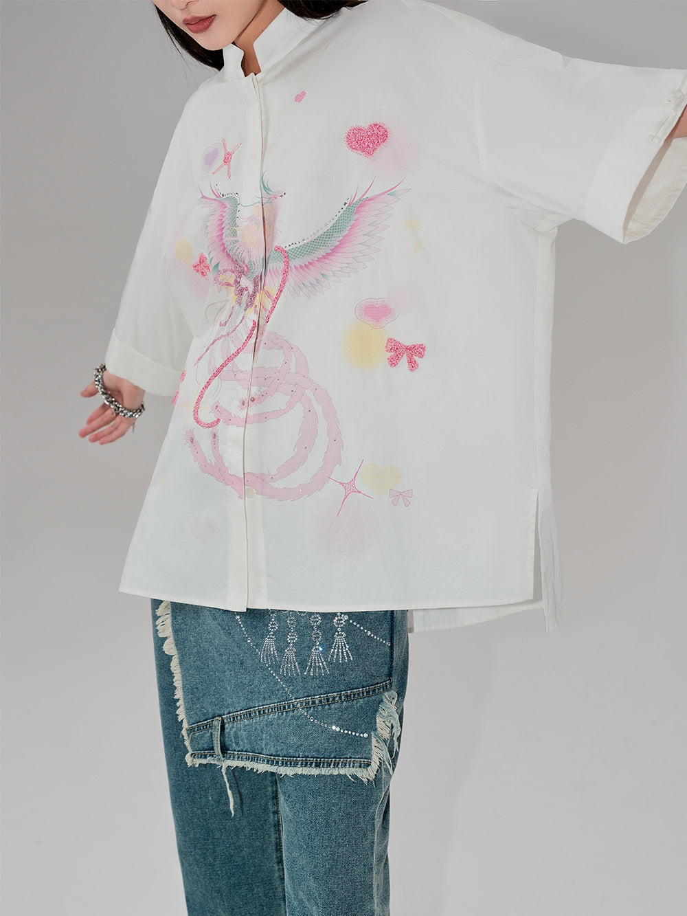 トップス MUKZIN MUKZIN Silver Rivets Loose-fitting White Shirt
