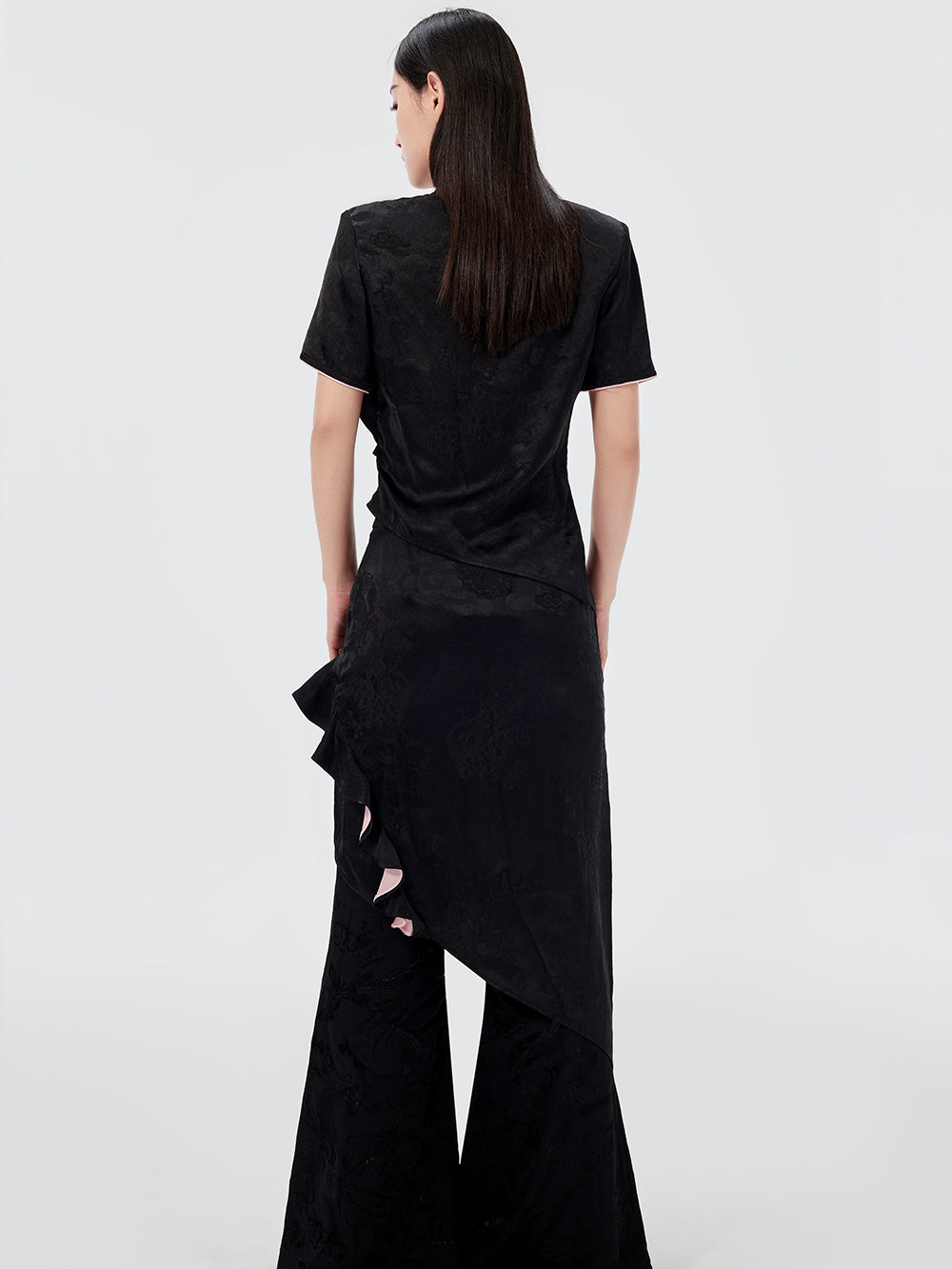 MUKZIN Black Slim Fit Jacquard Sequined Chinese Style Cheongsam T-shirt