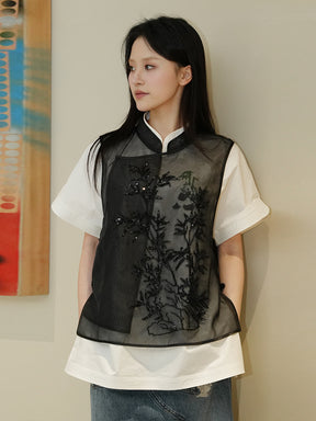 MUKZIN Black See-through Bamboo Leaf Embroidered Vest