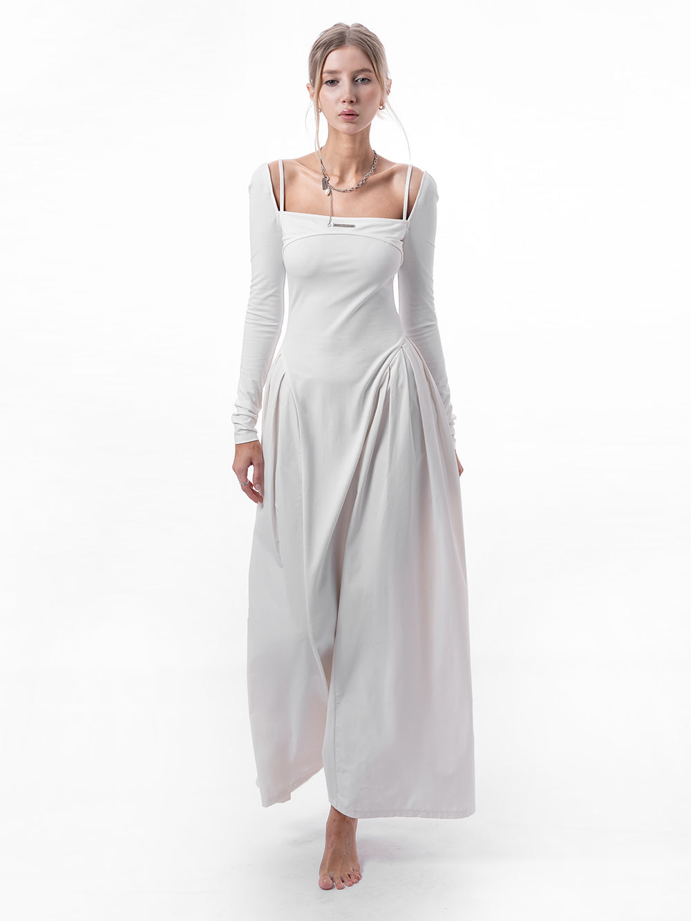 MUKTANK×Jqwention White Long Sleeve Dress